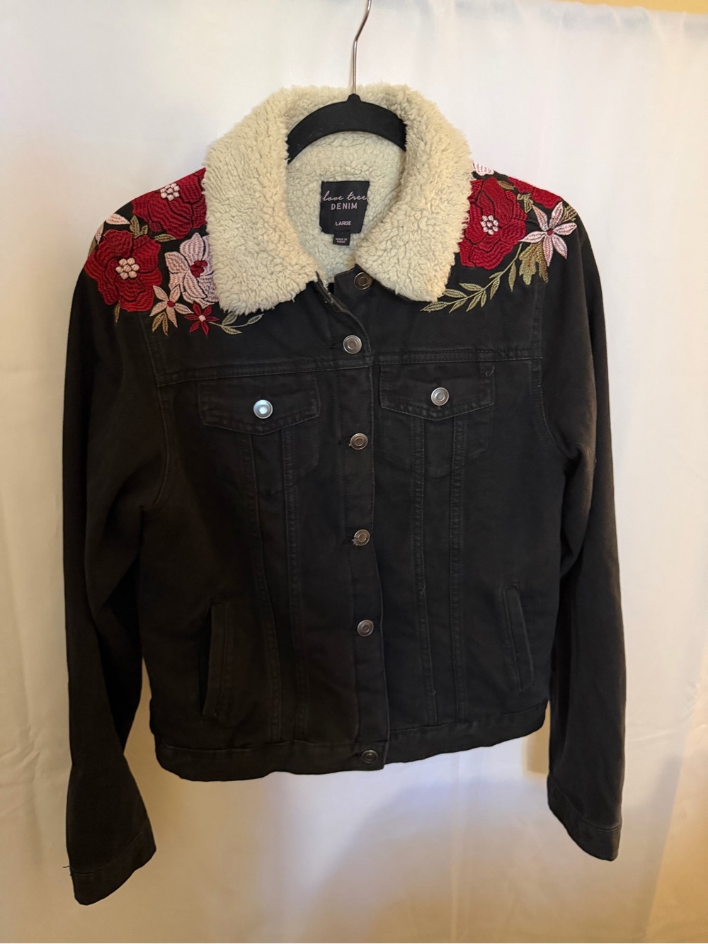 Love Tree Black Denim Jacket with Red Floral Embroidery and Cream Sherpa Collar